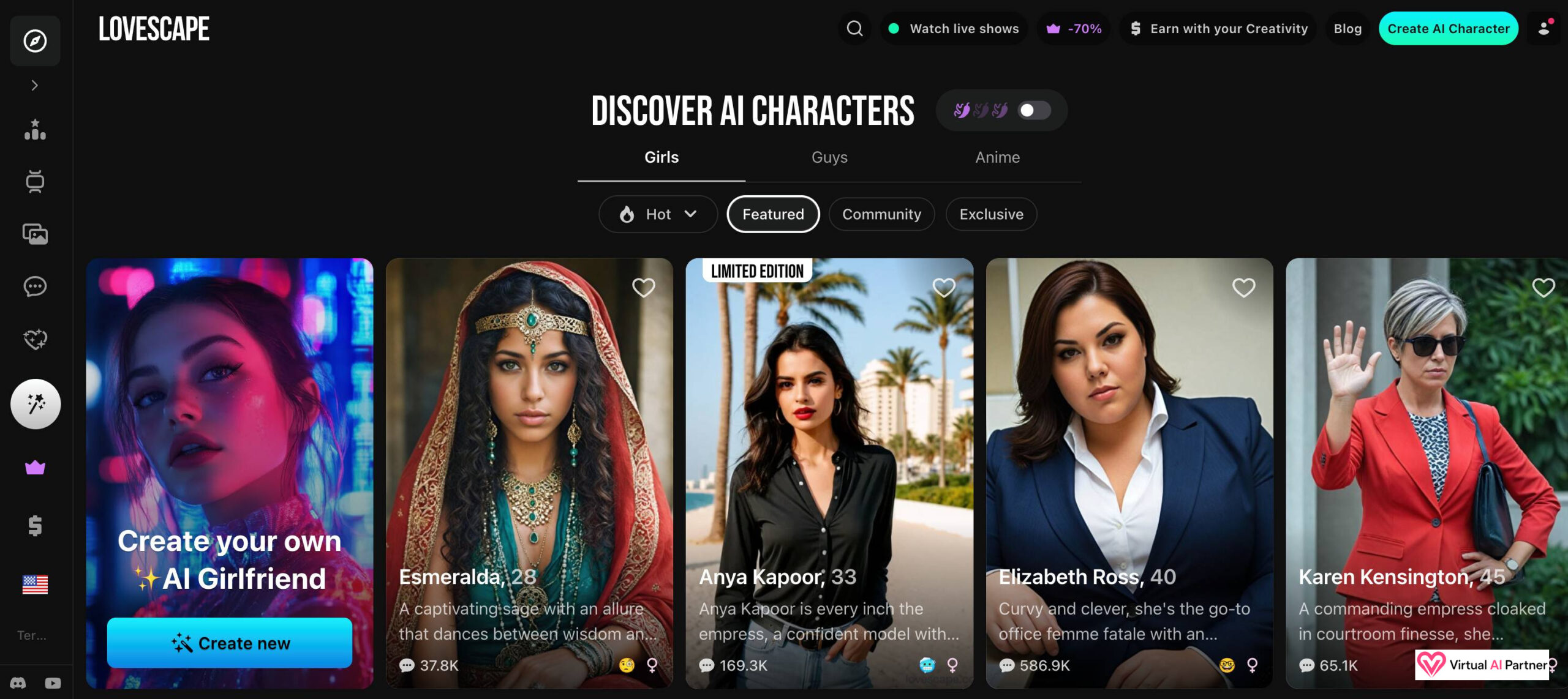 Personajes e interfaz de Lovescape AI