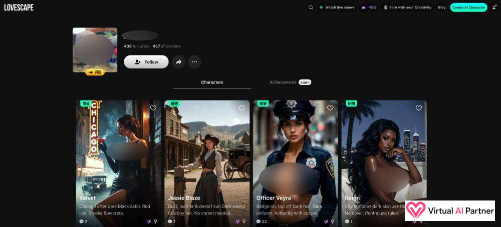 Galería de personajes creados por la comunidad de Lovescape AI