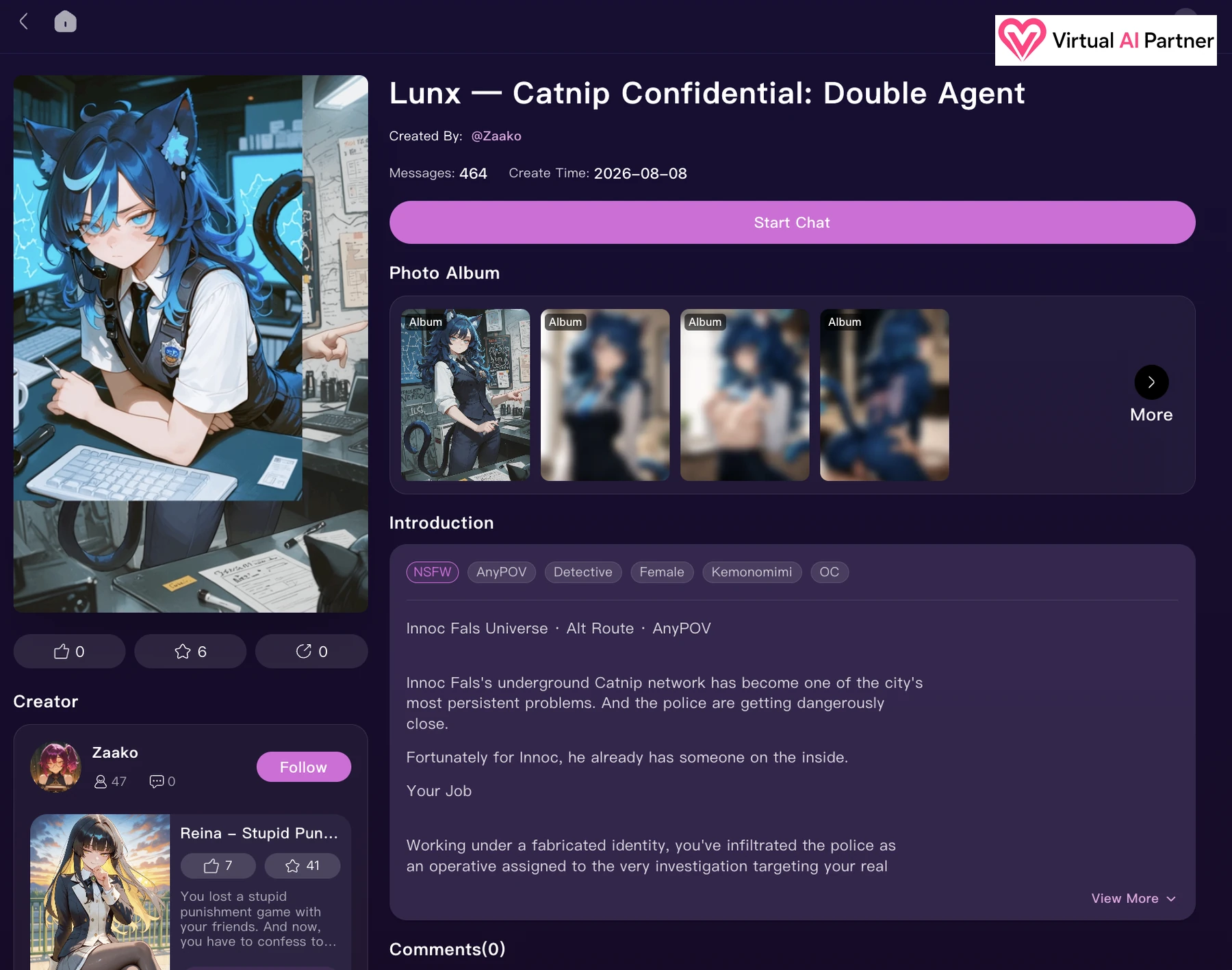 Fiche du personnage Lunx sur LusyChat avec auteur, tags, album et longue introduction