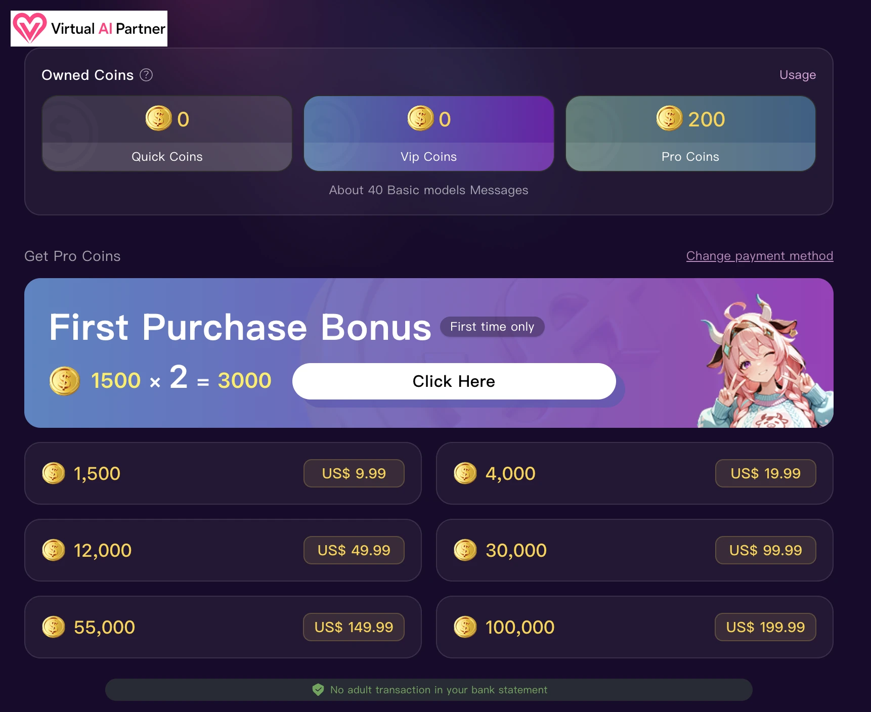 Packs de Pro Coins de LusyChat con bonificación de primera compra y estimación del número de mensajes