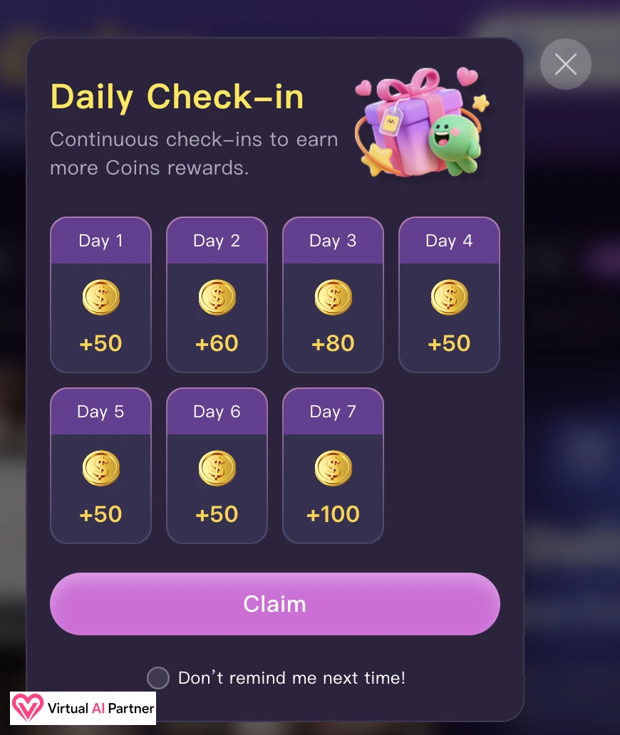 Ventana de recompensas diarias de LusyChat con entre 50 y 100 Coins