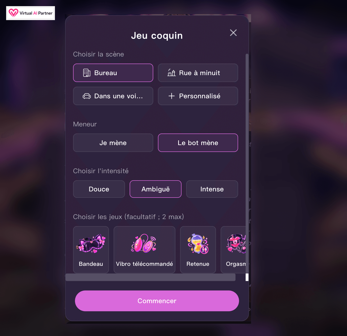 Réglages français du roleplay LusyChat pour choisir le lieu, le meneur et l’intensité, avec arrière-plan flouté définitivement
