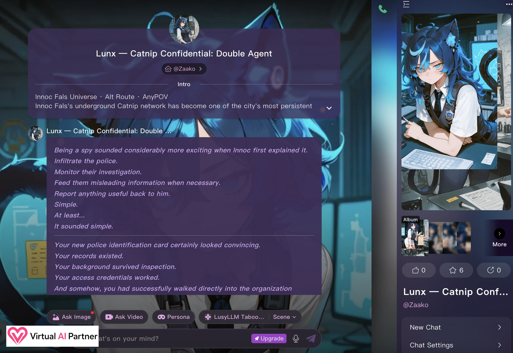 Interface de roleplay LusyChat avec scénario d’agent double, options Persona, image, vidéo et modèle de langage