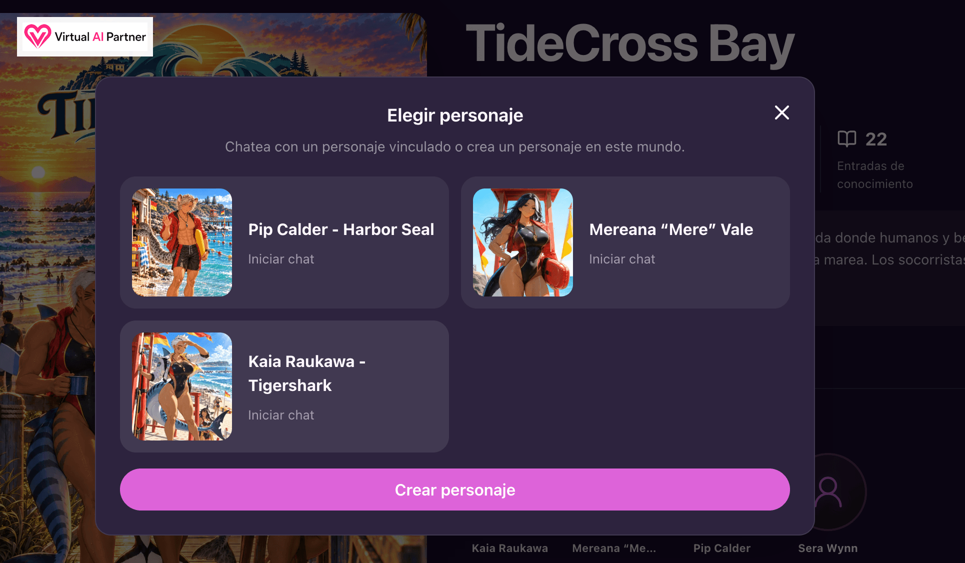 Ventana en español de LusyChat para elegir o crear un personaje en TideCross Bay