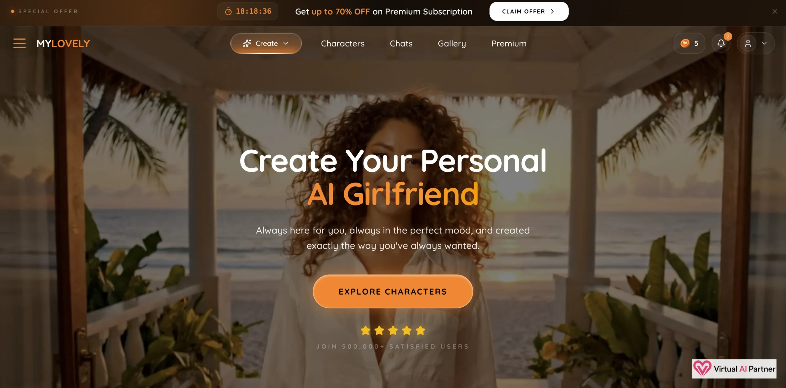 Página de inicio de MyLovely AI con diseño oscuro y naranja, oferta promocional y botón para descubrir personajes