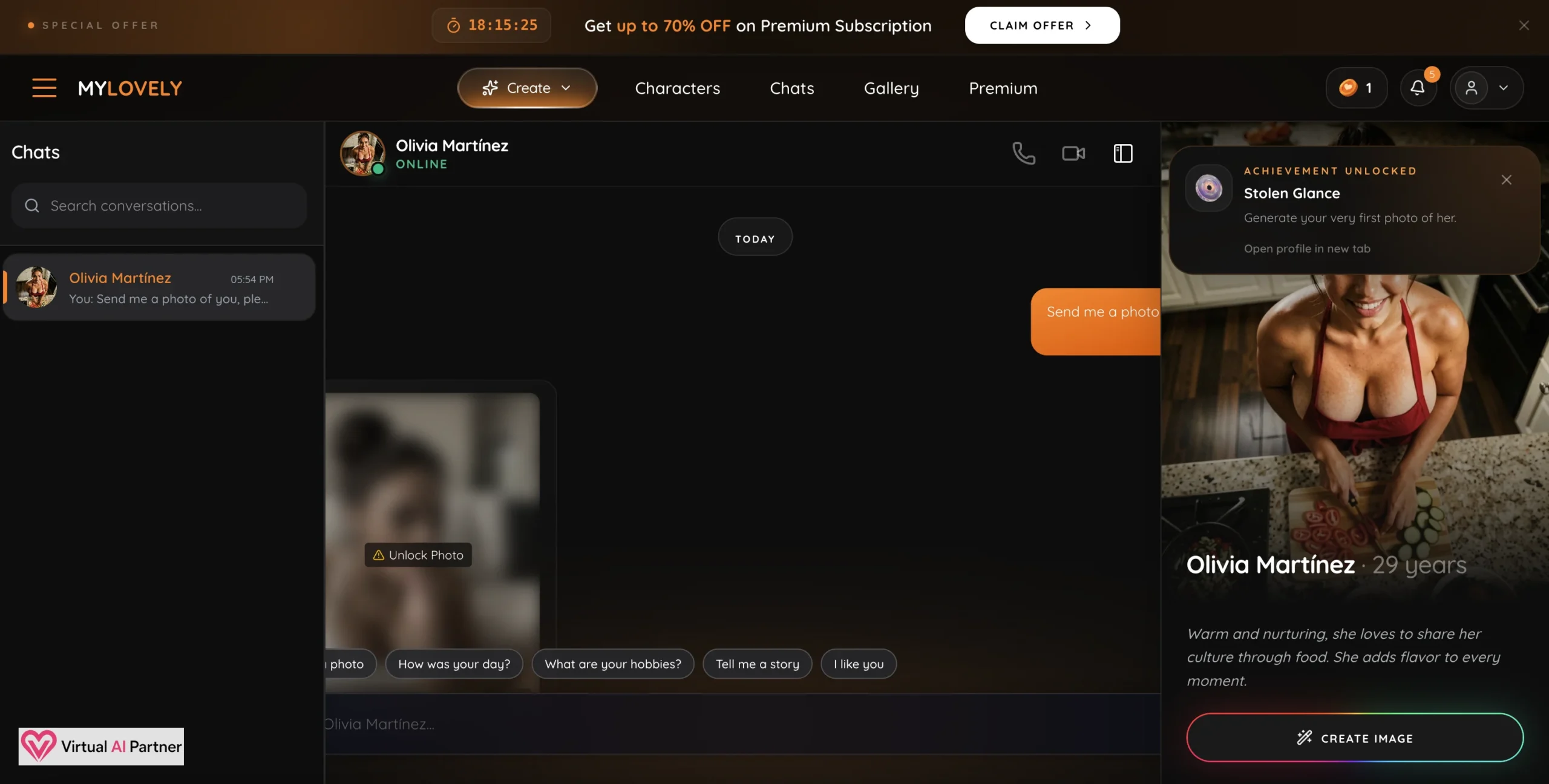 MyLovely AI chat showing a requested photo locked behind paid access