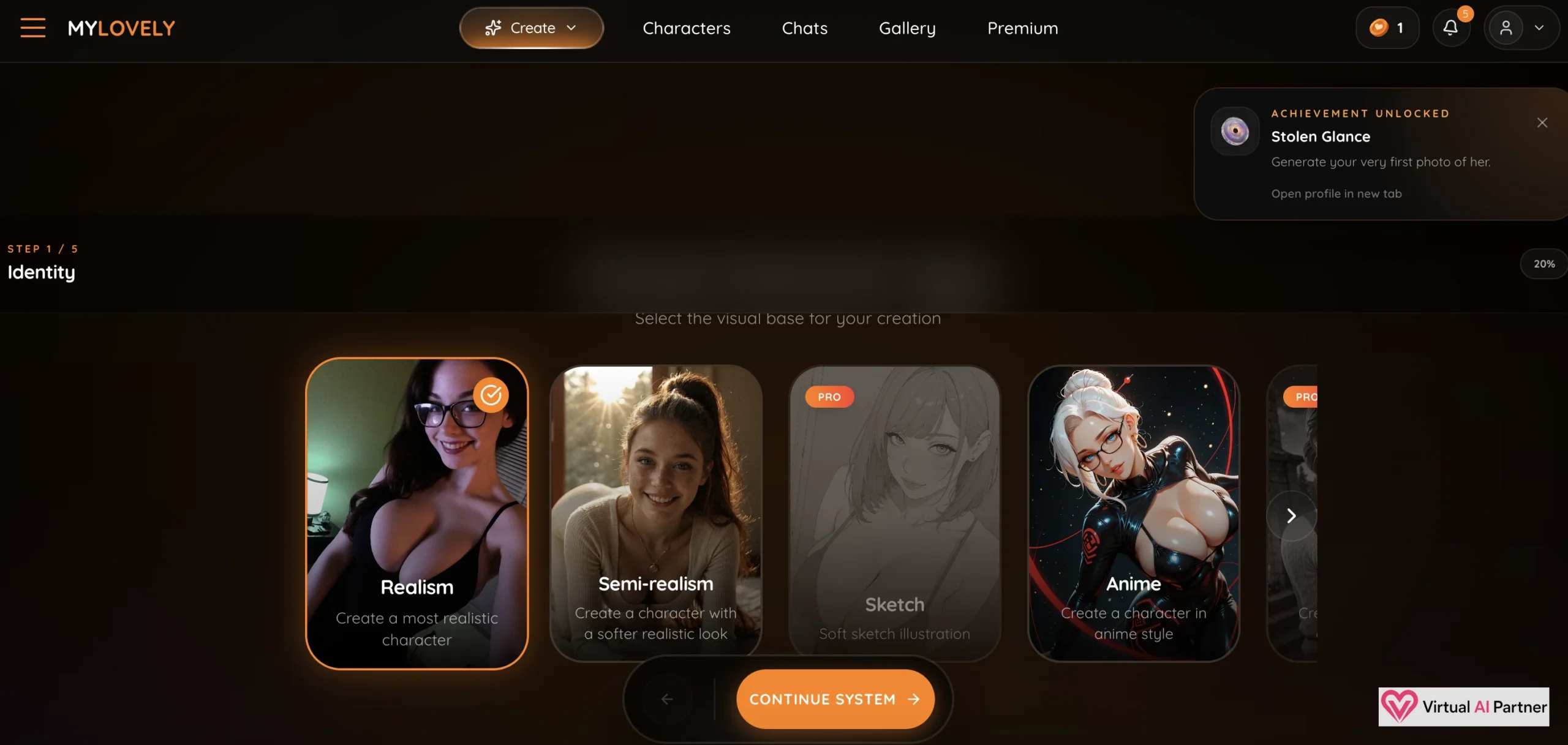 First MyLovely AI creation step with realistic, semi-realistic and anime visual styles