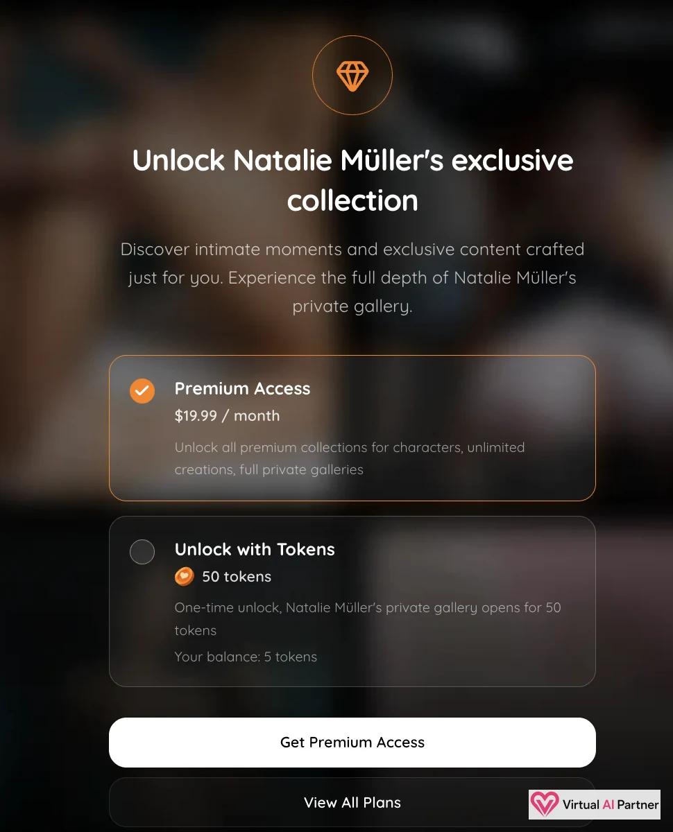 Pantalla de MyLovely AI que permite desbloquear una galería privada mediante Premium o 50 tokens