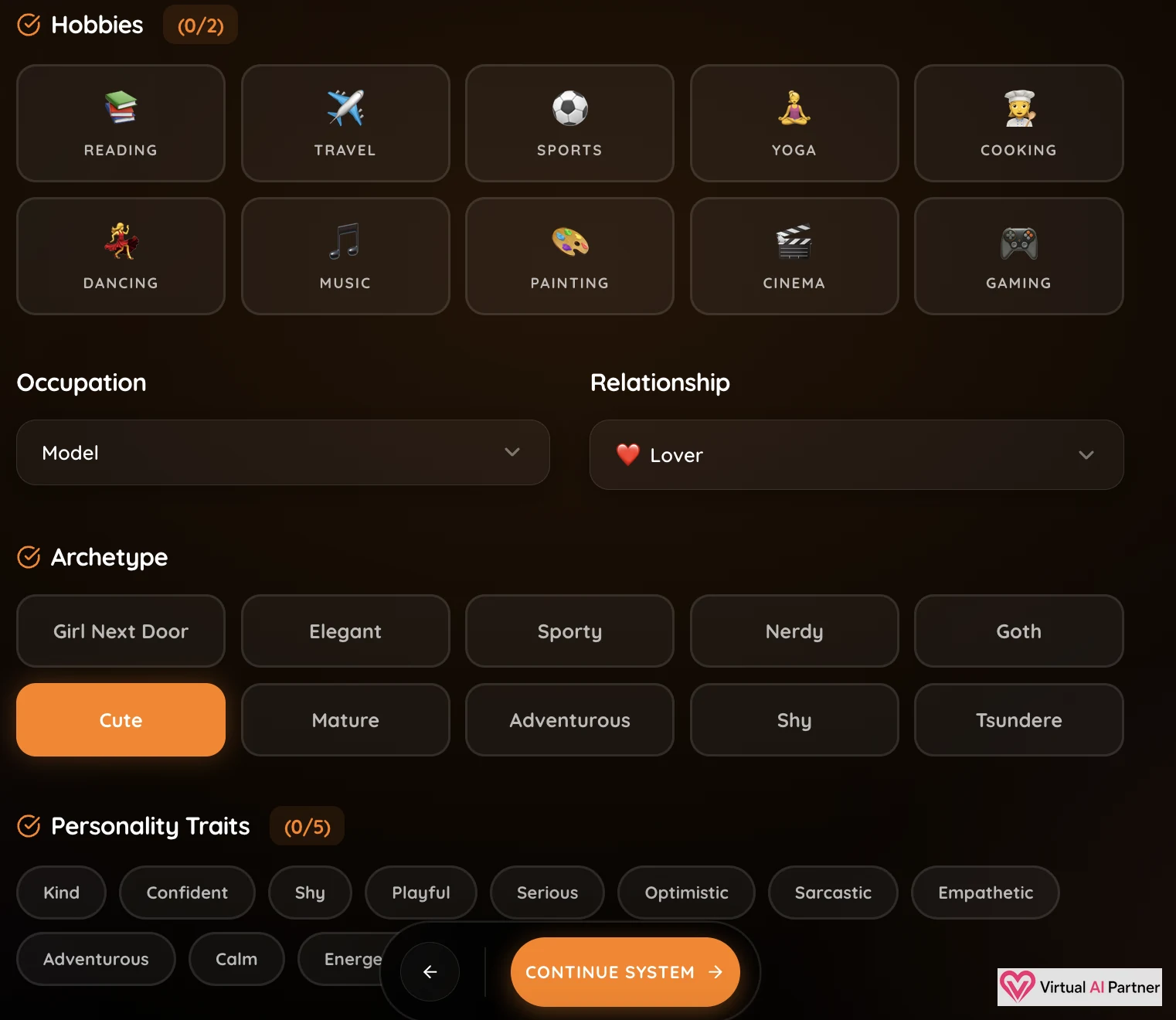 MyLovely AI personality editor with hobbies, occupation, relationship, archetype and traits
