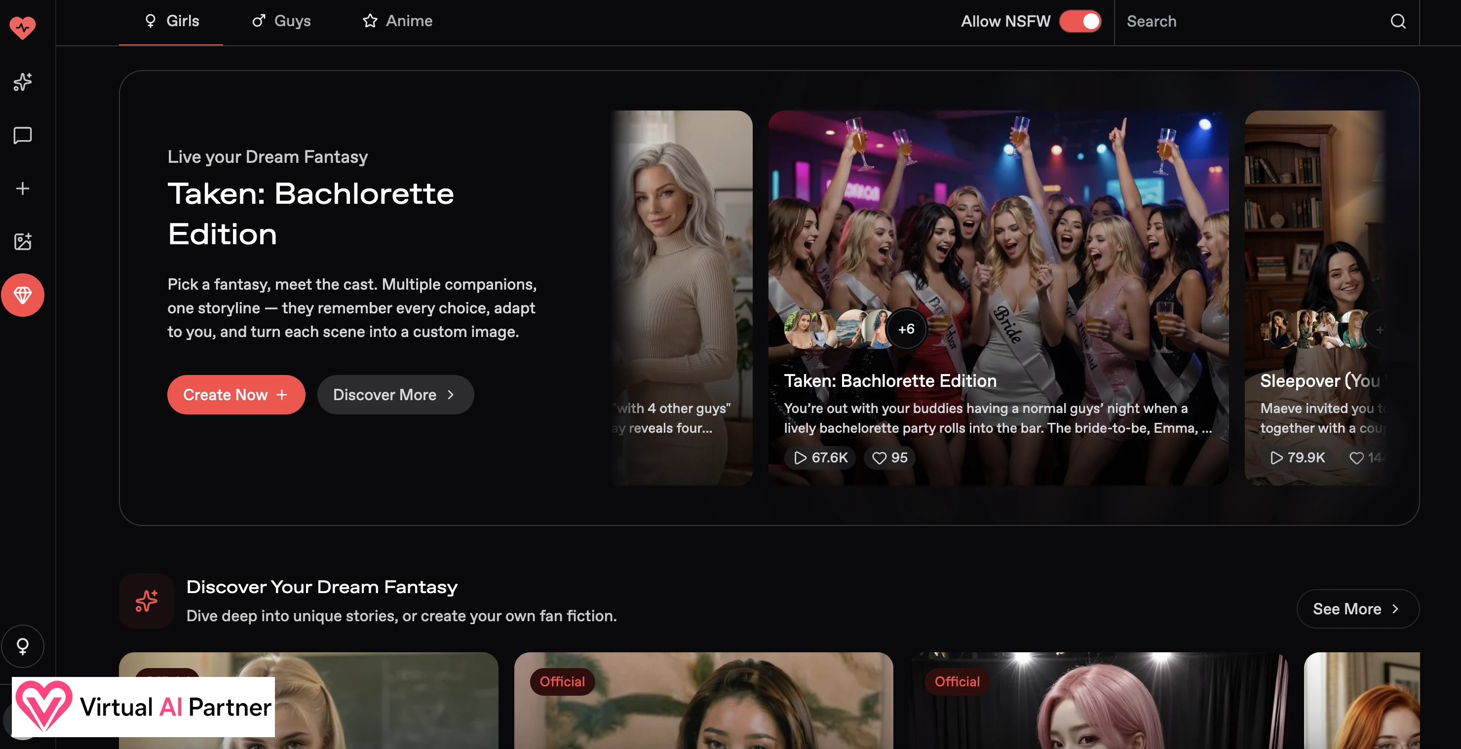 Nectar AI homepage showing the Taken Bachelorette Edition Fantasy