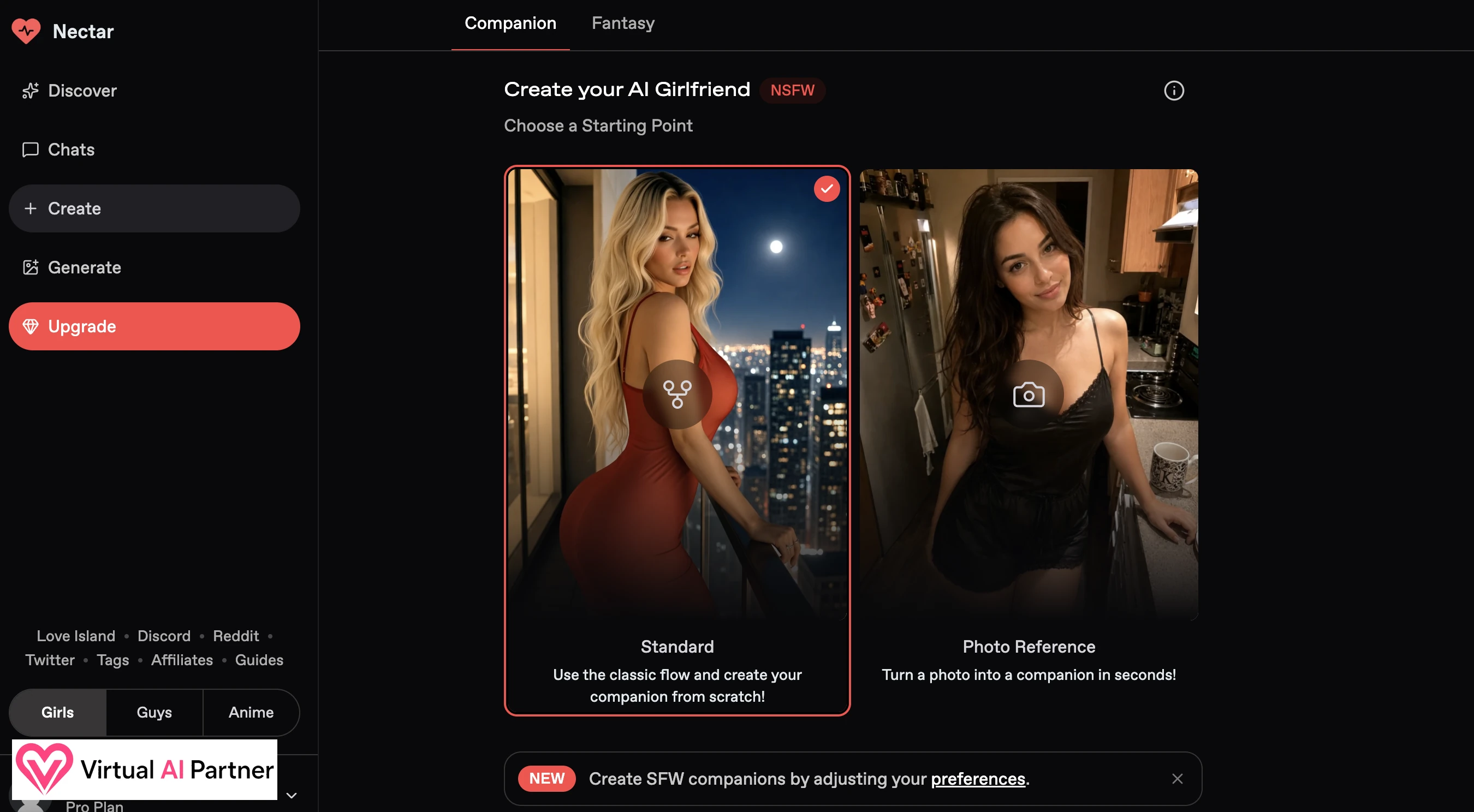 Standard and Photo Reference creation options in Nectar AI