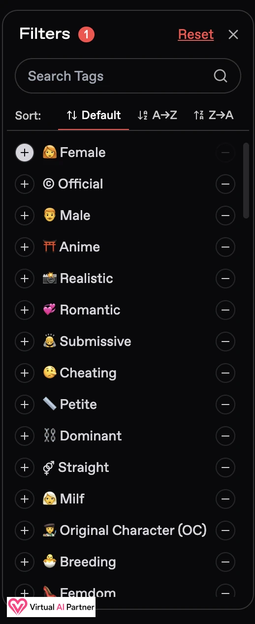 Nectar AI filters for realistic, anime, romantic and roleplay characters