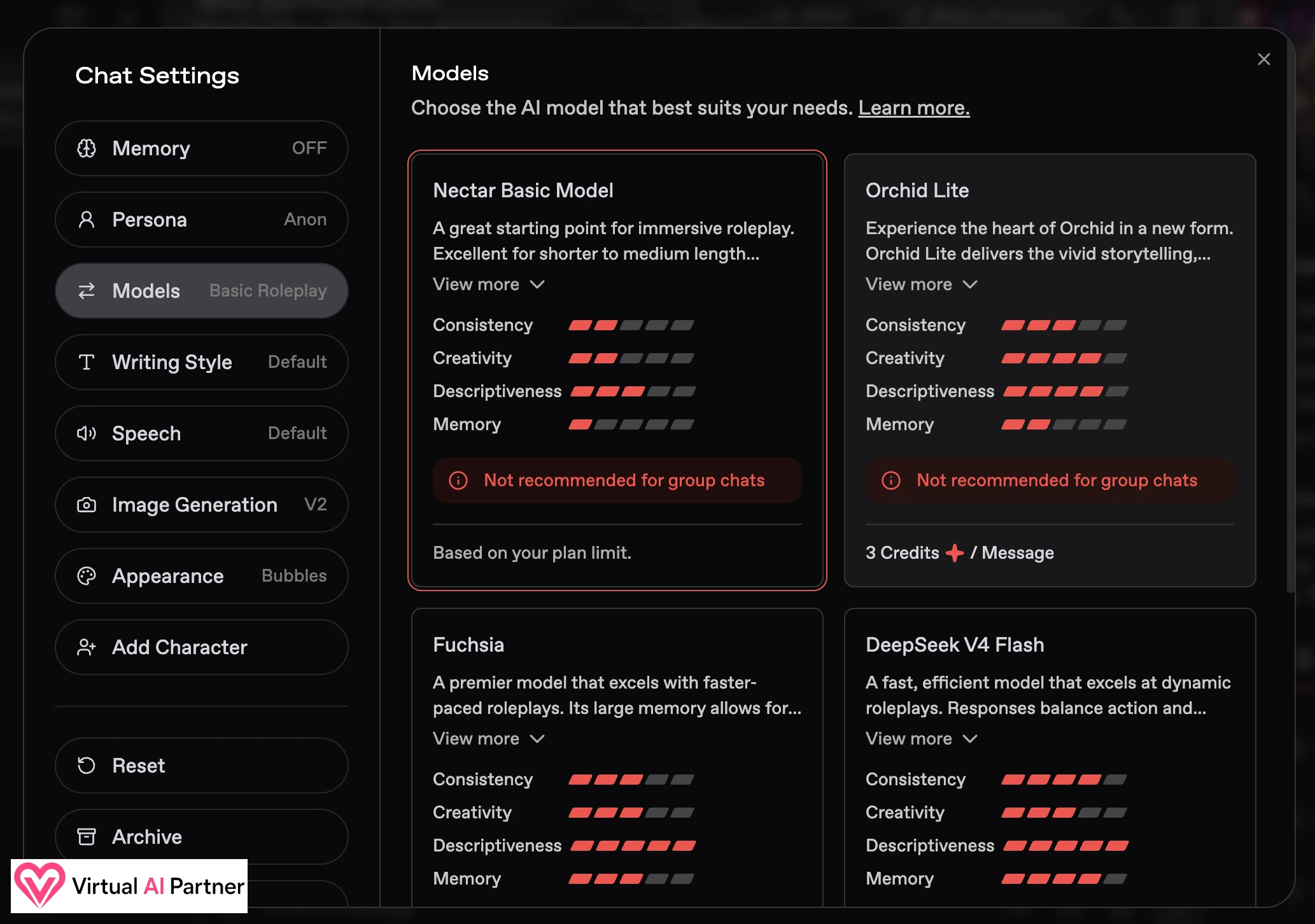 Nectar AI chat model selection with consistency, creativity and memory ratings