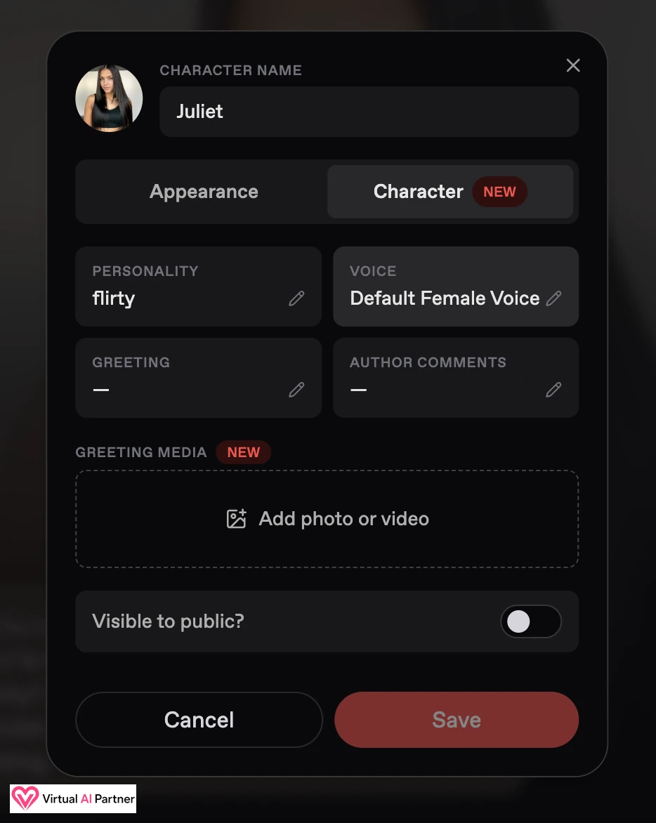 Personality and voice settings for Juliet in Nectar AI