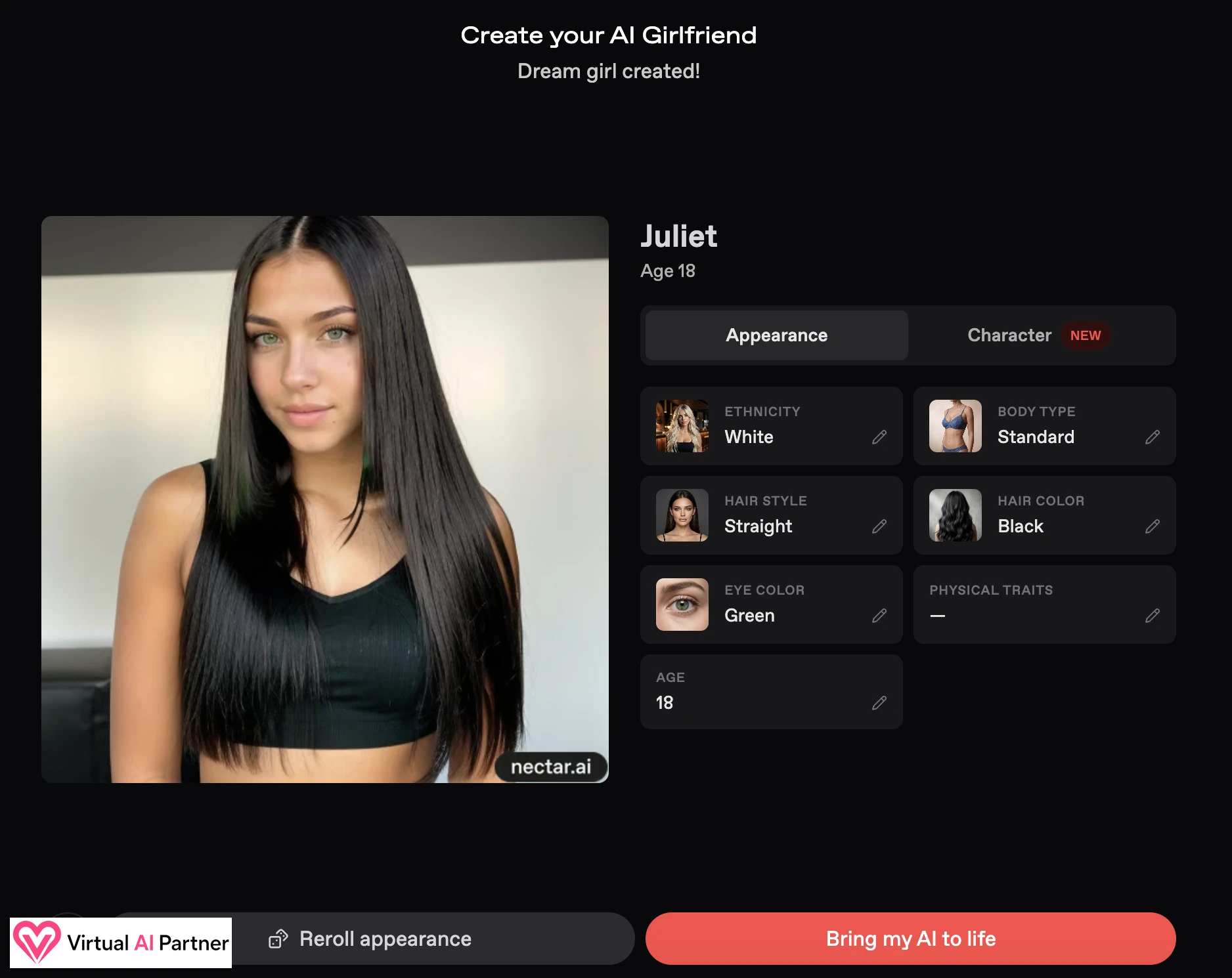 Juliet companion created with realistic settings in Nectar AI