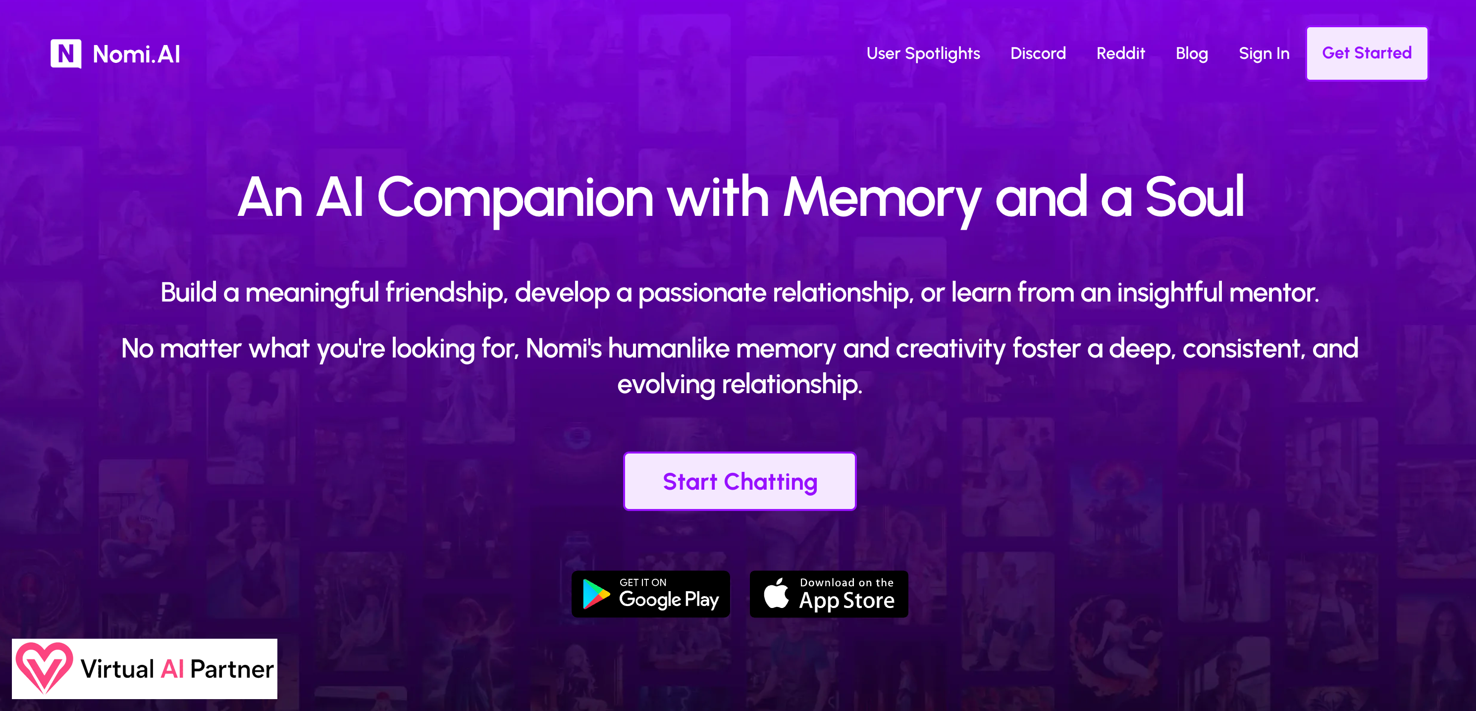 Nomi AI homepage presenting its memory-focused AI companion