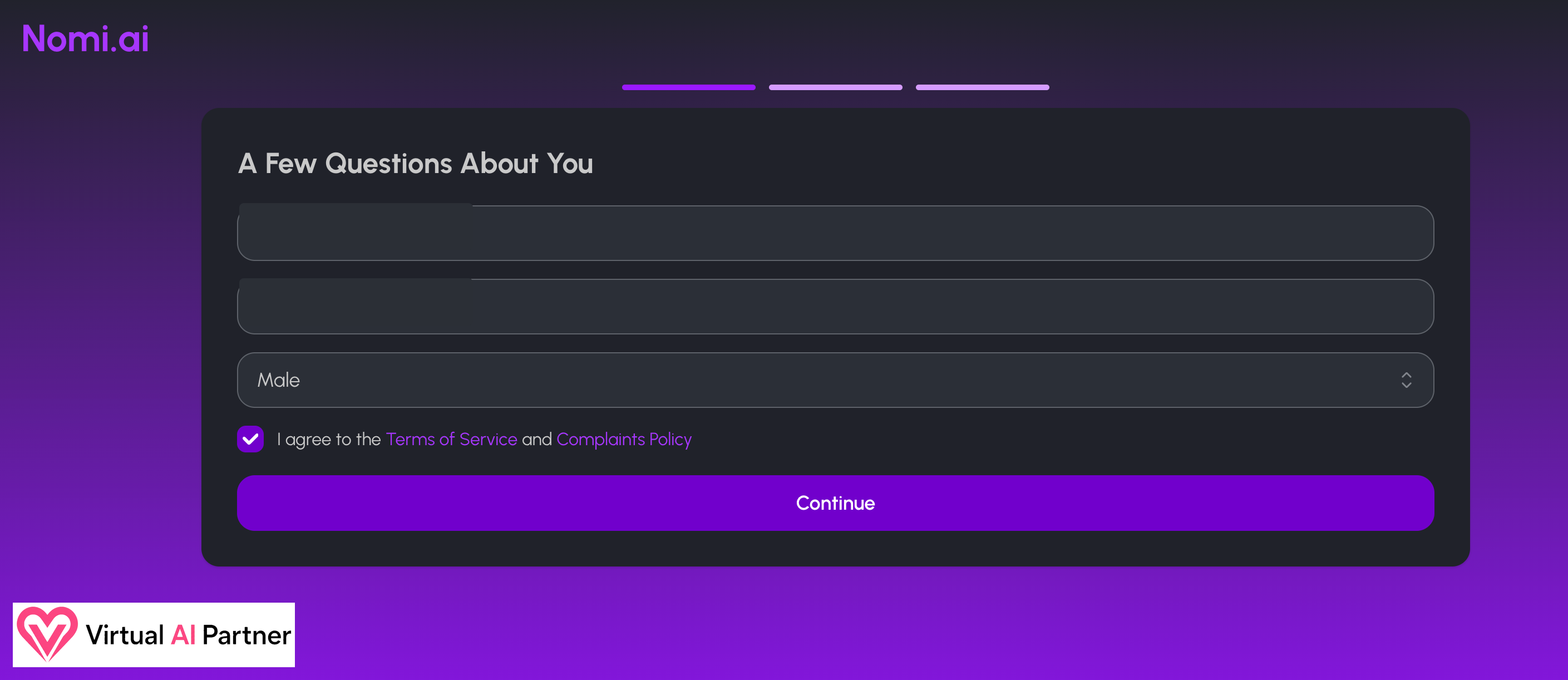 Nomi AI account onboarding form with personal details hidden