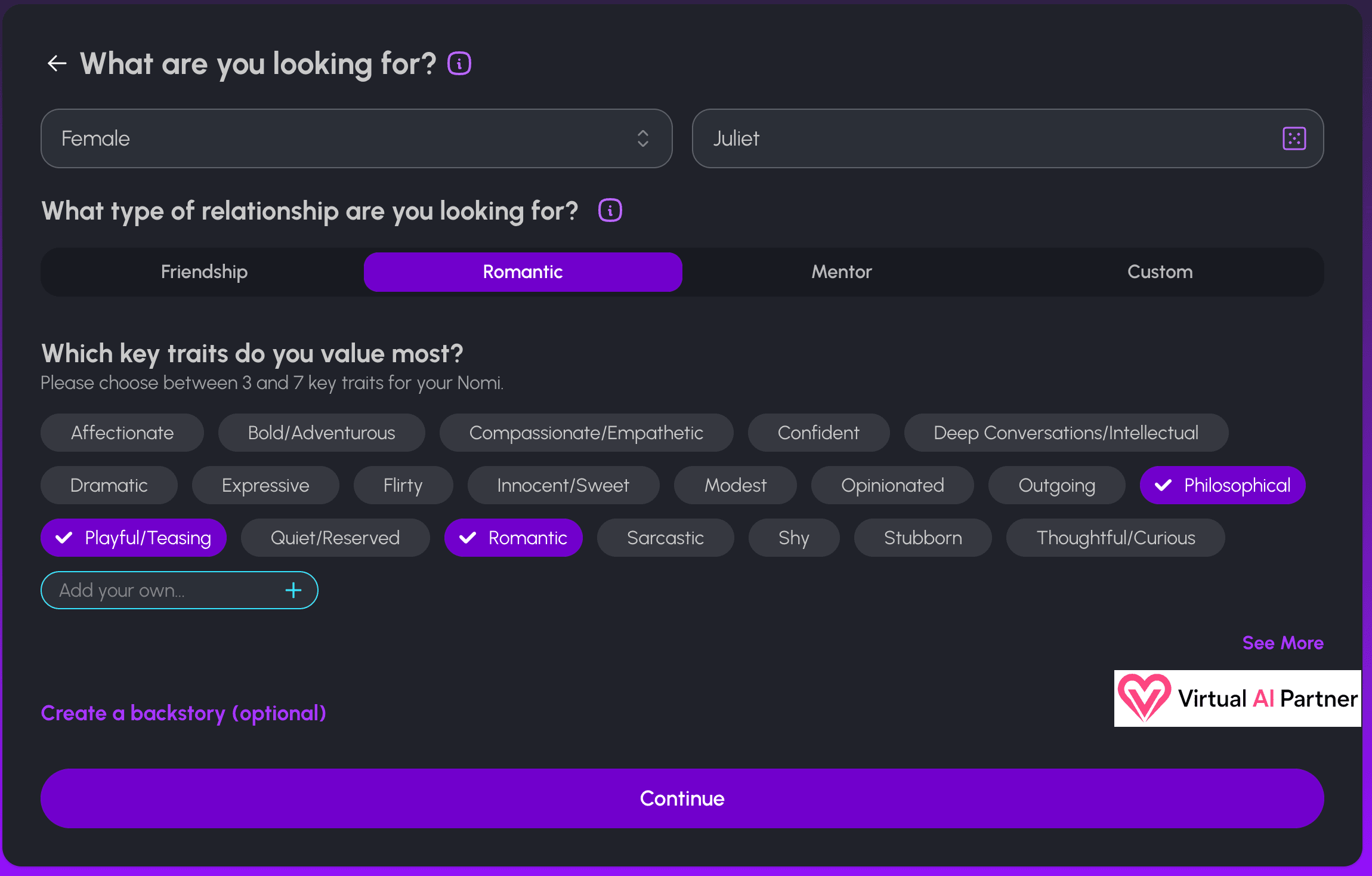 Nomi AI relationship type and personality trait customization