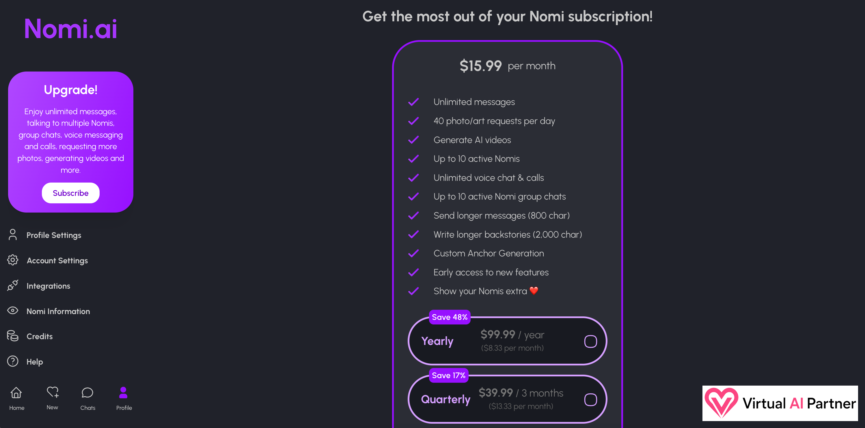 Nomi AI monthly, quarterly and yearly Premium prices with included features