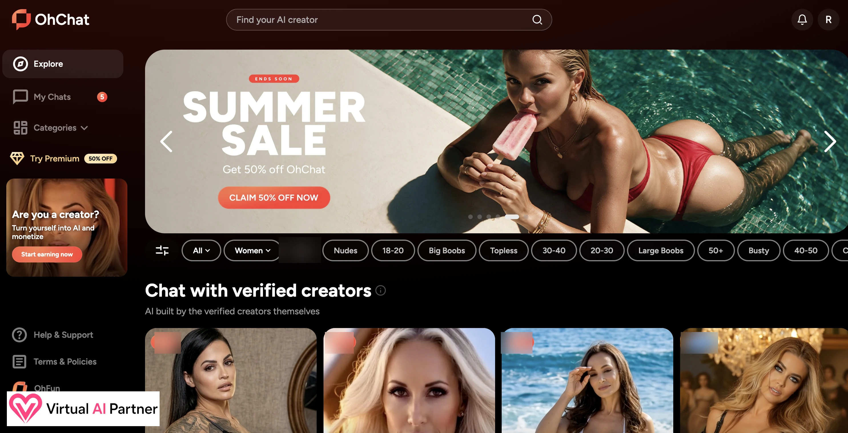 OhChat home page with categories and verified creator section
