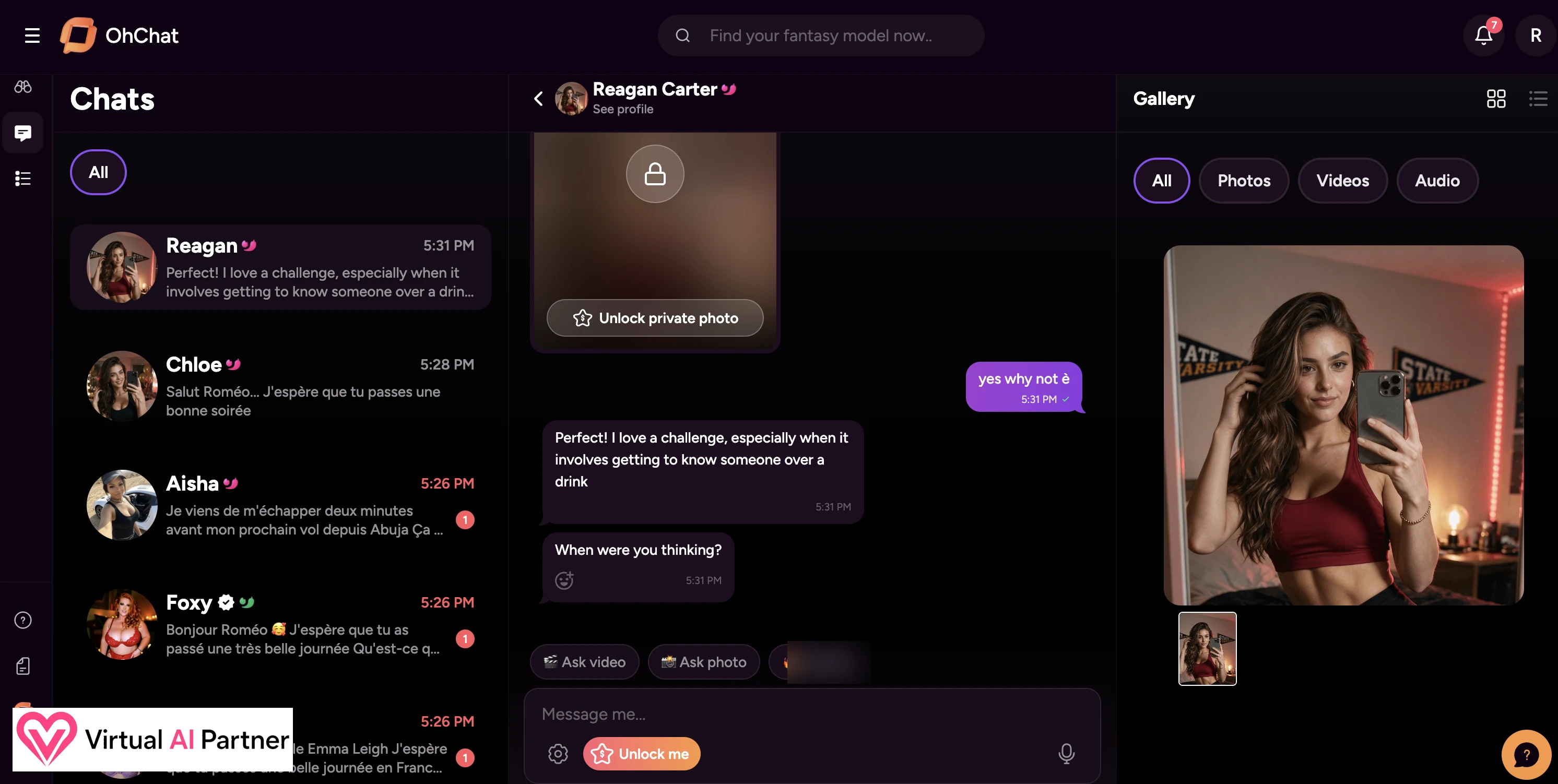 OhChat conversation in English with picture, video and blurred Sexting controls