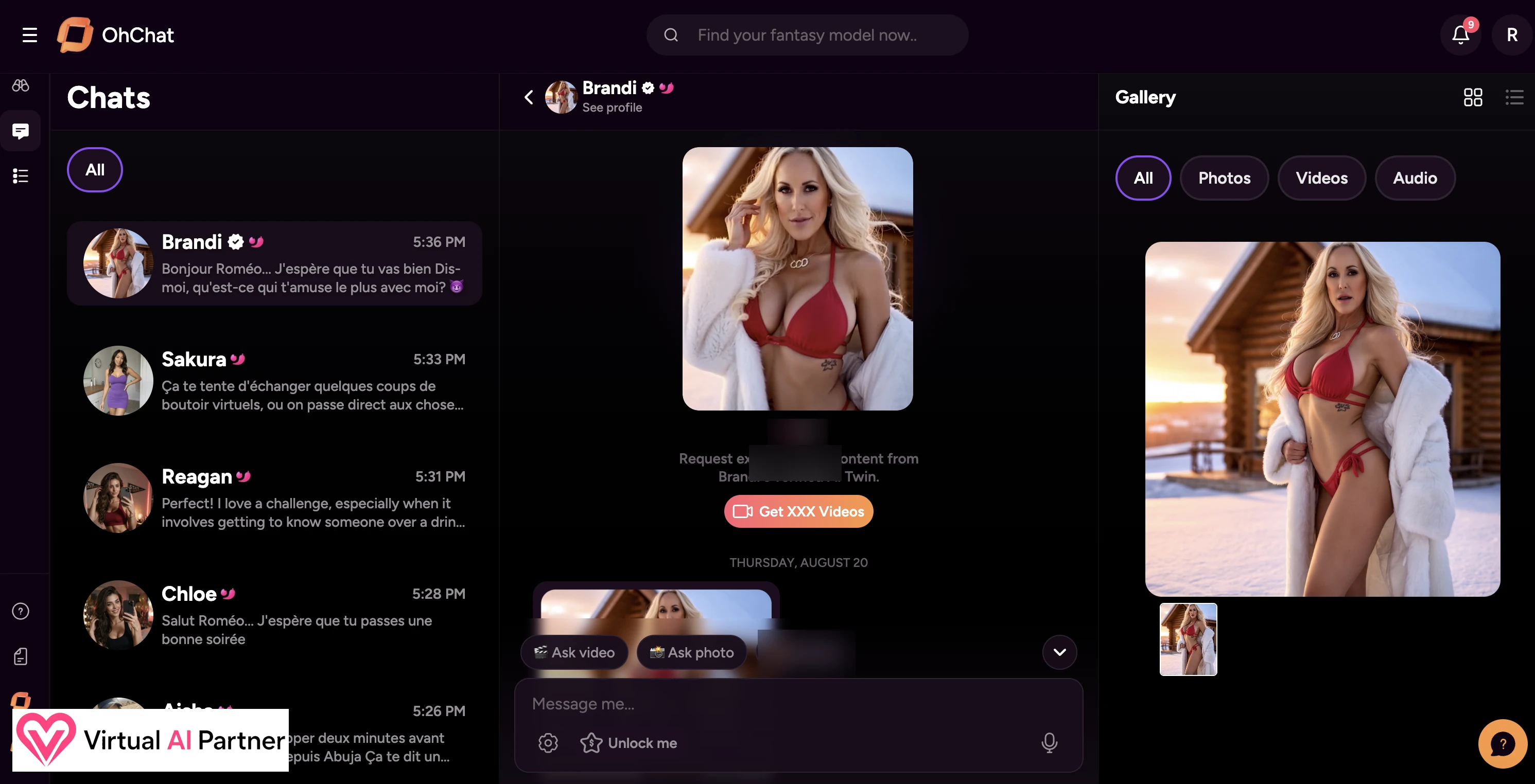 OhChat verified creator conversation with gallery and adult wording blurred