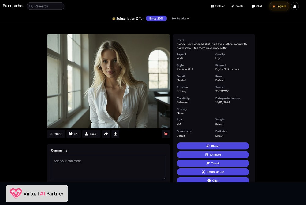 Promptchan AI character page with prompt, settings and Clone, Animate, Tweak and Chat options