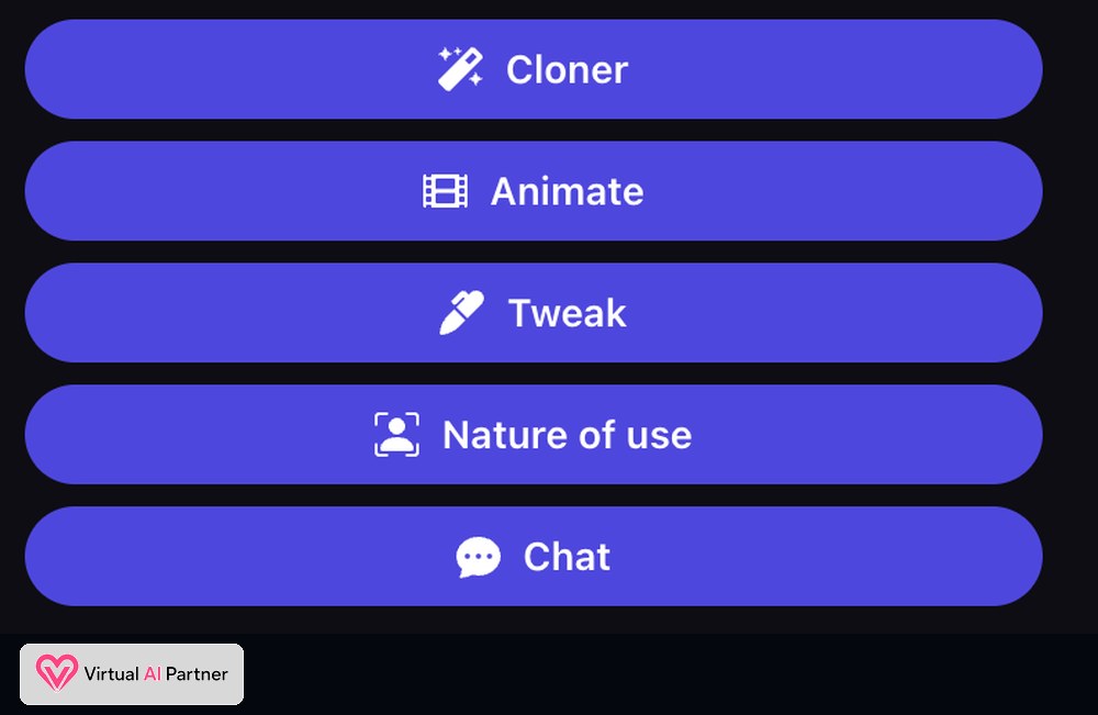 Clone, Animate, Tweak, Nature of use and Chat buttons in Promptchan AI