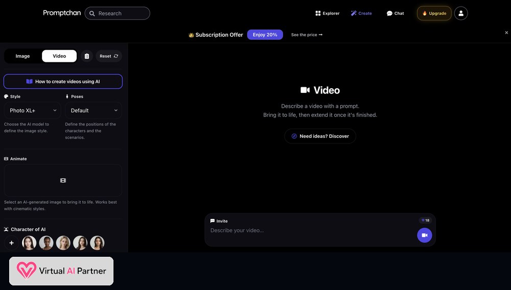 Promptchan AI video generator with Photo XL+ style, pose, animation source and character selection