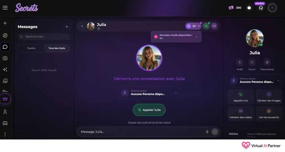 Chat con Julia en Secrets AI y accesos a llamadas, generación y memoria