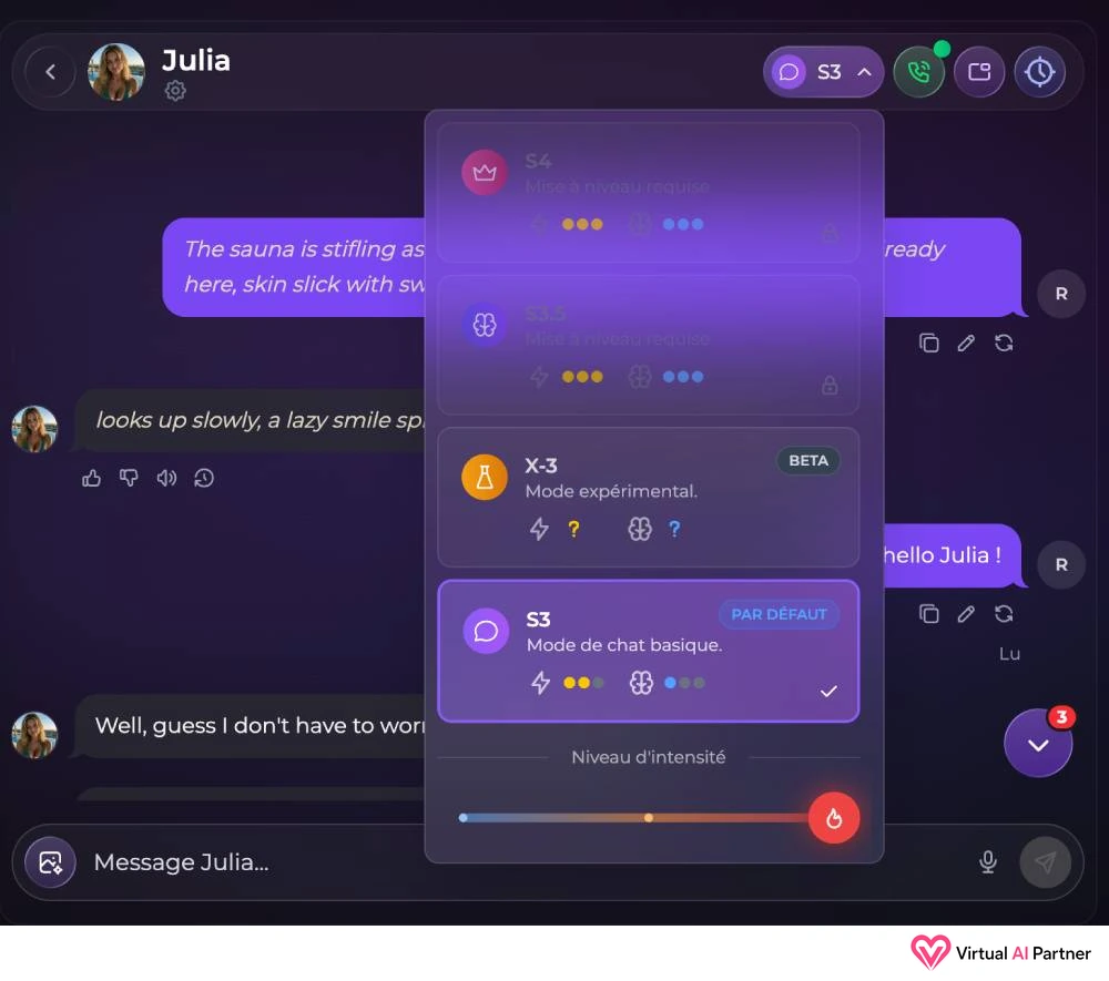 Ajustes del chat de Julia en Secrets AI con varios modelos y nivel de intensidad