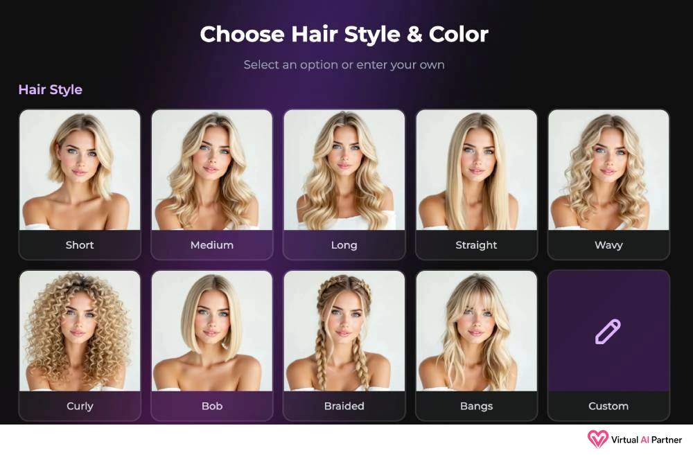 Selección de peinado y color de cabello en Secrets AI