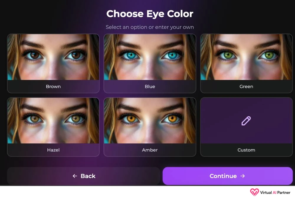 Selección de color de ojos en el creador de Secrets AI
