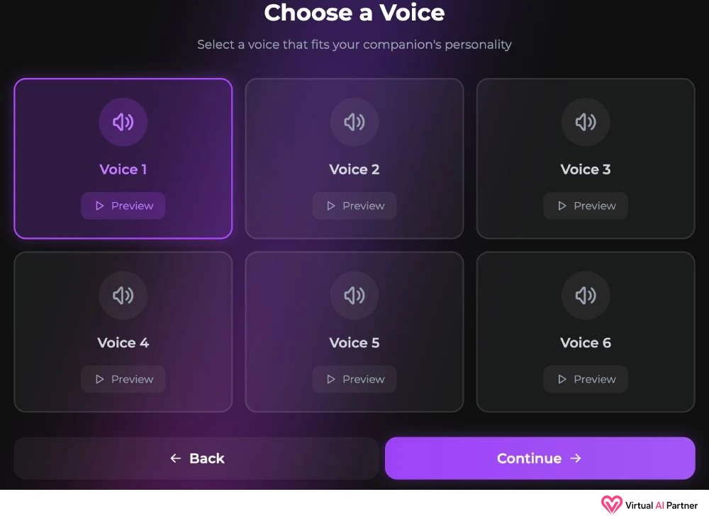 Selección de seis voces diferentes durante la creación de un personaje en Secrets AI