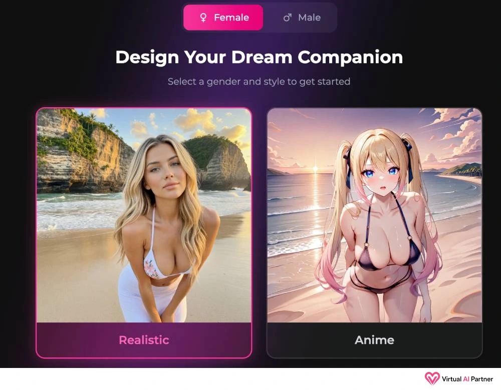 Inicio del creador de personajes de Secrets AI con selección de género y estilo