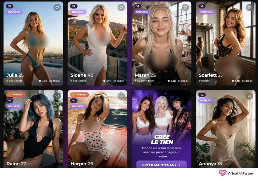 Catálogo de personajes realistas de Secrets AI con zonas íntimas permanentemente difuminadas
