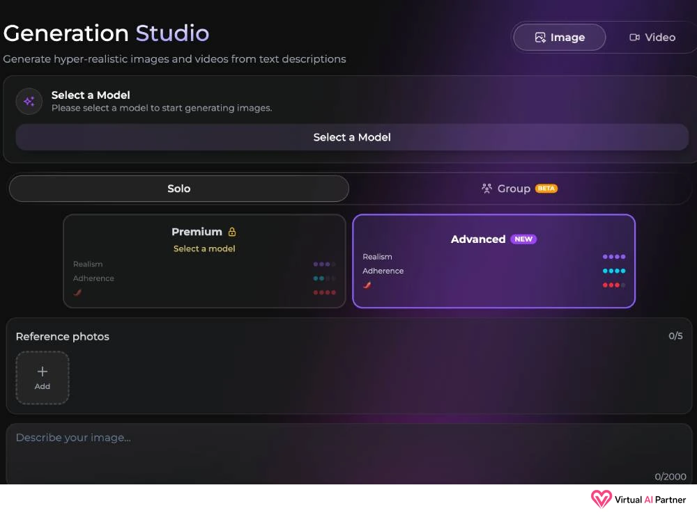Generation Studio de Secrets AI con modelos Premium y Advanced y espacio para imágenes de referencia