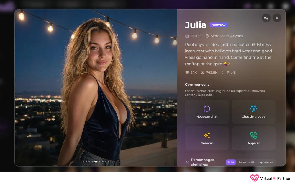 Perfil de Julia en Secrets AI con foto, edad, localización y opciones de interacción