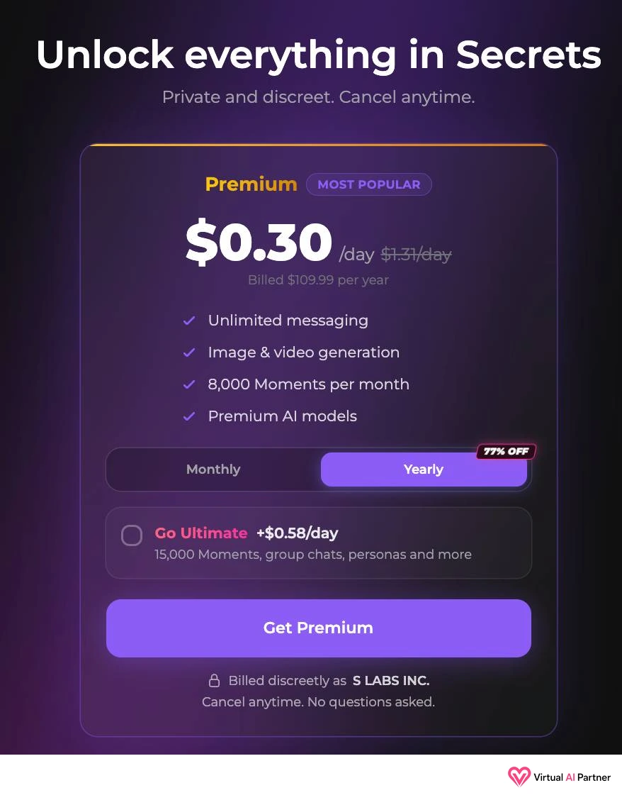 Pantalla de precios de Secrets AI con promoción Premium anual y asignación mensual de Moments