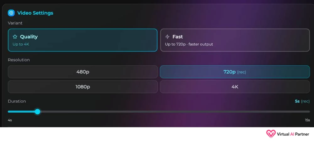 Ajustes de vídeo de Secrets AI con modos Quality y Fast, resolución y duración