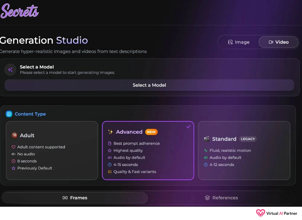 Generation Studio de vídeo de Secrets AI con los modos Adult, Advanced y Standard