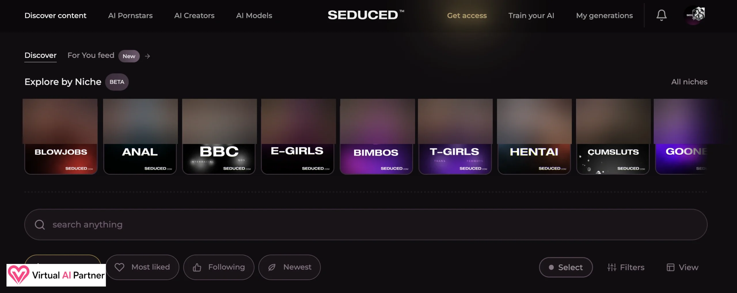 Seduced catalogue with NSFW categories organized by niche and blurred thumbnails