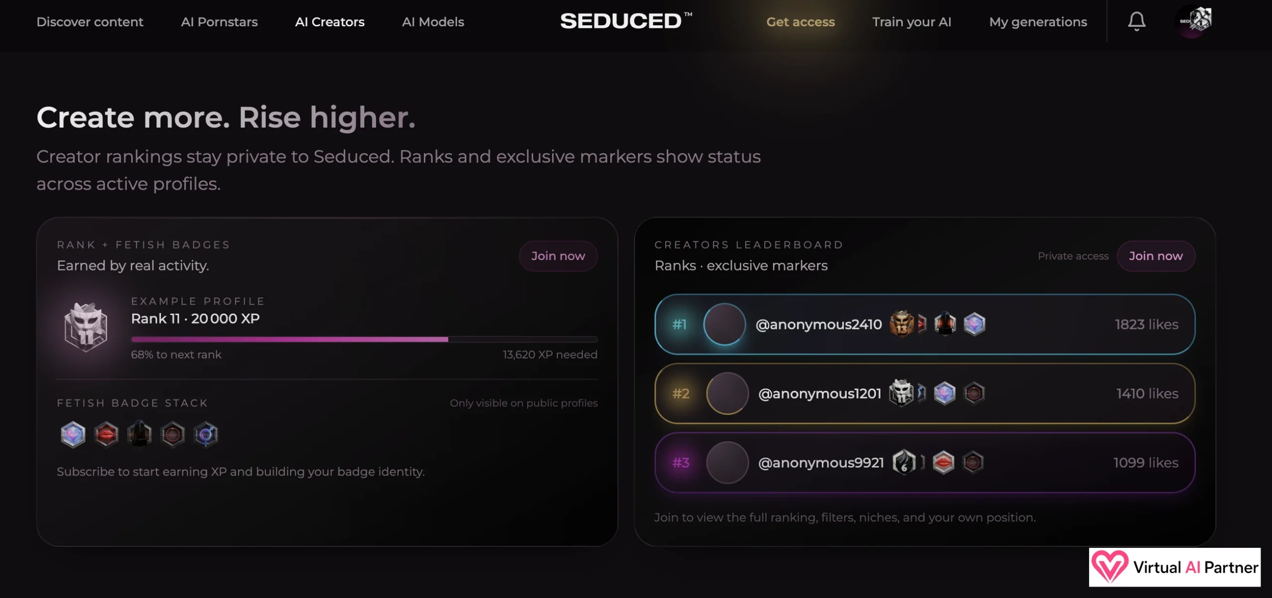 Seduced AI Creators page with ranks, badges, experience, and private leaderboard