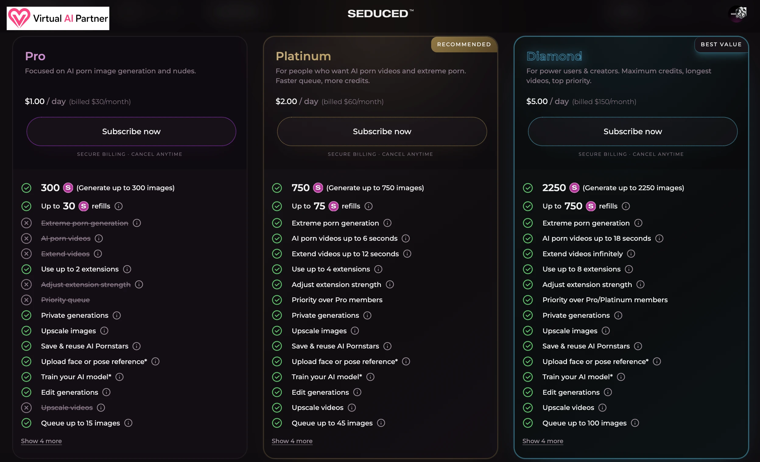 Seduced pricing with Pro at 30 dollars, Platinum at 60 dollars, and Diamond at 150 dollars per month