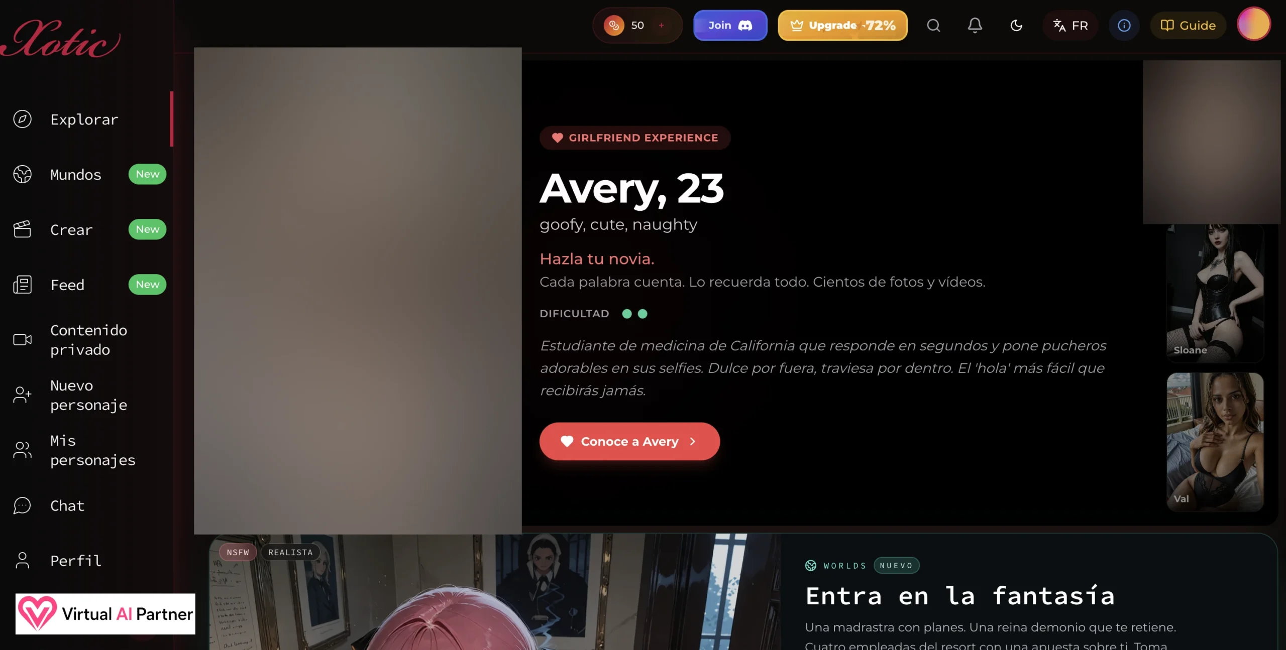 Interfaz de inicio de Xotic AI en español con Explorar, Mundos, Crear y Feed