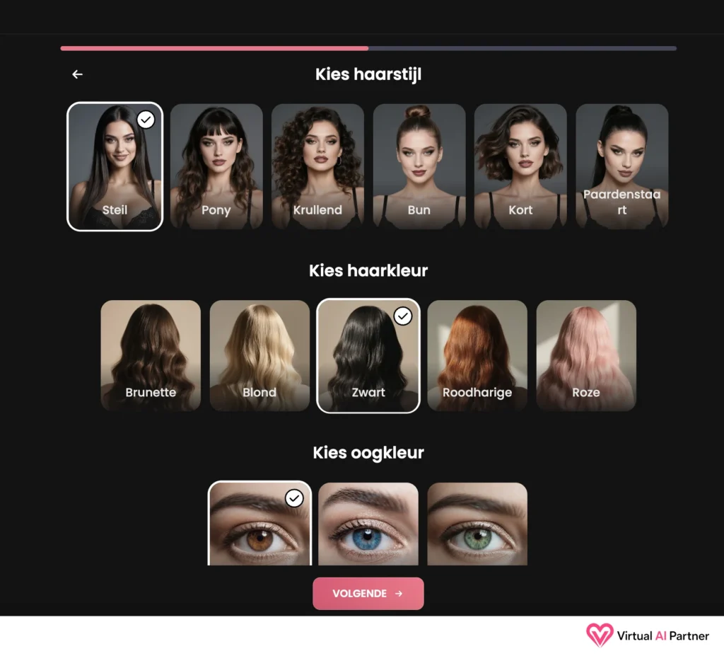 Keuze van haarstijl, haarkleur en oogkleur in de Nederlandse personagemaker van Candy AI.