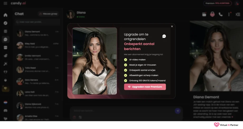 Candy AI blokkeert onbeperkt chatten achter Premium in de Nederlandse interface.