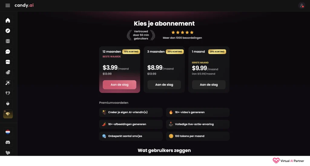 Candy AI abonnementen en tijdelijke kortingen zoals weergegeven tijdens de Nederlandse test.