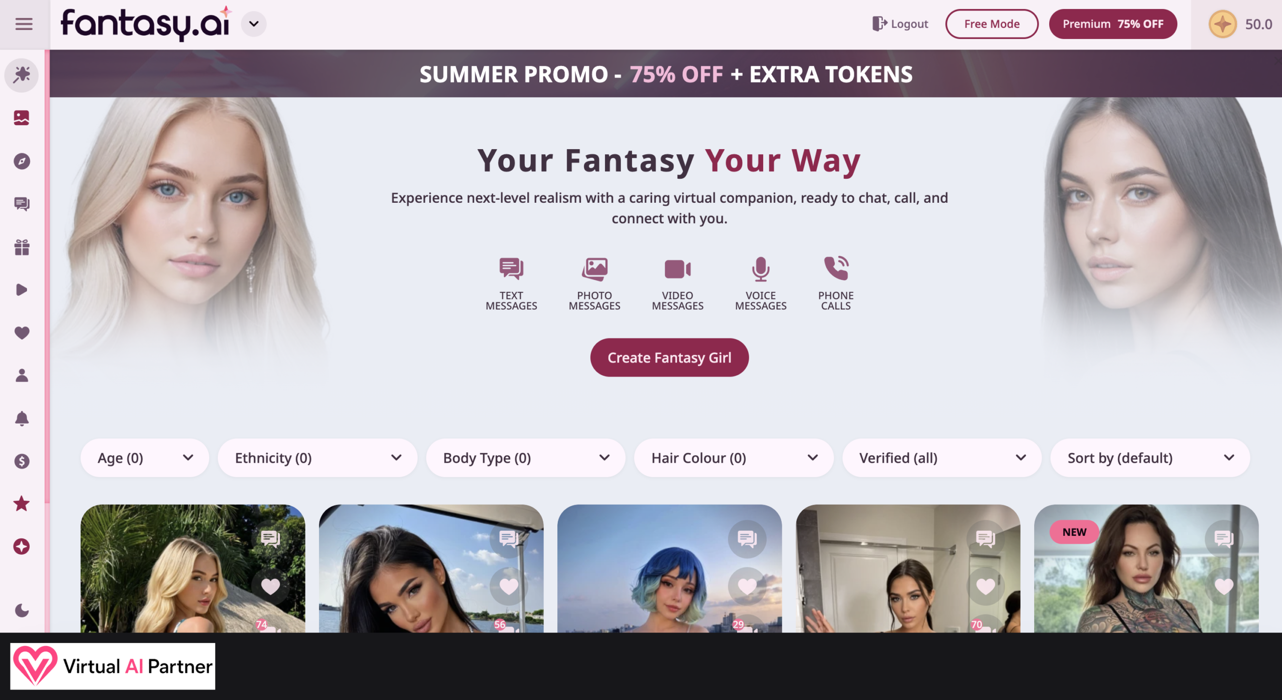Fantasy.ai homepage showing chat, photo, video, voice and phone-call features