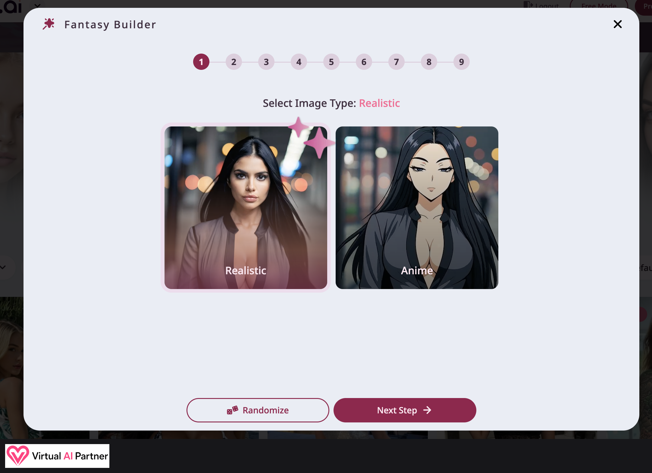First Fantasy.ai creator step with realistic and anime styles